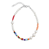 Pulseira delicada em prata 925 com pérolas e vidro cristal Colorido